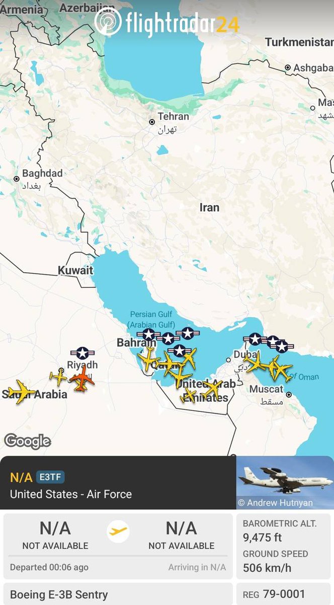 MahalaxmiRaman's tweet photo. 🇺🇸🇸🇦🇶🇦❌🇮🇷❗️ — A U.S. Air Force E-3G AWACS (79-0001) has departed Prince Sultan Air Base in #SaudiArabia, while multiple U.S. Air Force aerial refueling tankers are taking off from #AlUdeid Air Base in Qatar to support ongoing U.S. military operations over Iran. https://t.co/6QHZ9VG8fS