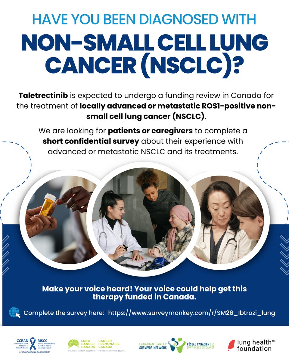 ccranorg's tweet photo. We are seeking patients or caregivers to complete a short confidential survey about their experience with advanced or metastatic non-small cell lung cancer (NSCLC) to inform a funding review of taletrectinib in Canada.  

Complete the survey here: https://t.co/Cf3XOQx6Zr  

#NSCLC