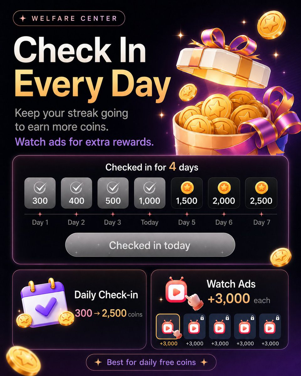 paradiseAI_chat's tweet photo. Free coins are waiting in the Welfare Center 🪙

Check in daily, complete missions, watch ads, and invite friends to earn more rewards.

Quick guide below 👇
#AIChat #AIRoleplay #AICharacters https://t.co/8rDlgPgHyG