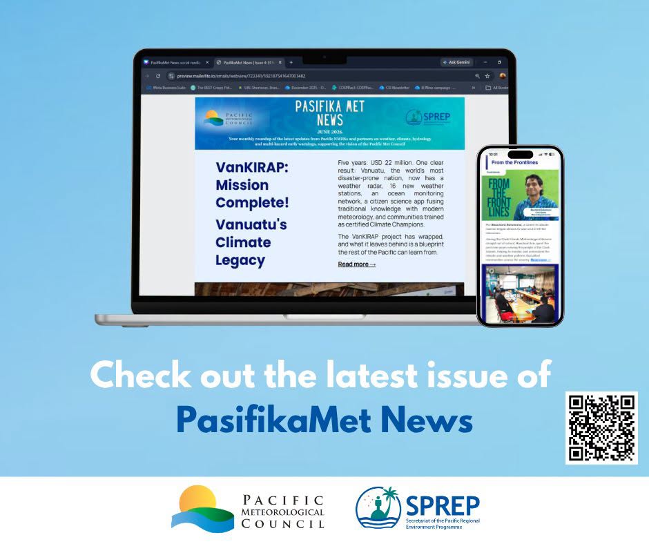 SprepChannel's tweet photo. The latest issue of PasifikaMet News is out now!
📷 Read the latest issue and stay connected with the stories, people and partnerships that are strengthening weather and climate services across the #BluePacific at this link: https://t.co/BPEx0yJEfs #PacificMet https://t.co/pxS3VFEBQy