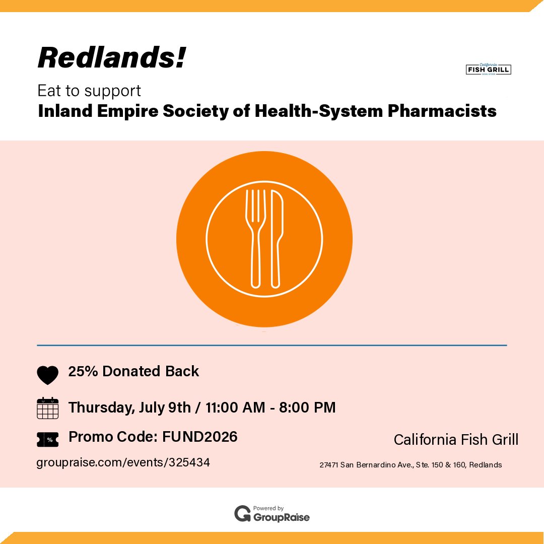 Norepime's tweet photo. Come support Inland Empire Society of Health-System Pharmacists by committing to eat at California Fish Grill on Jul 9!  https://t.co/MM1JVUHWBA via @groupraise https://t.co/POOuUVjC2U
