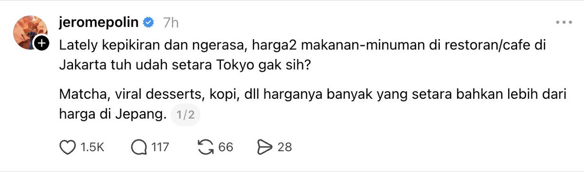insidefolkative's tweet photo. Jerome Polin soroti harga makanan di Jakarta, sebut sudah setara hingga lebih mahal dari Tokyo, 

"Lately kepikiran dan ngerasa, harga2 makanan-minuman di restoran/cafe di Jakarta tuh udah setara Tokyo gak sih?

Matcha, viral desserts, kopi, dll harganya banyak yang setara bahkan lebih dari harga di Jepang."