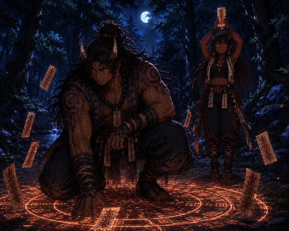 GiantBaraSol's tweet photo. Working hard to make sure spirits are kept in line with sister Rhea 
#aiart #OC #hearthbound #oni #bara #mystory https://t.co/W3K0KNJahX