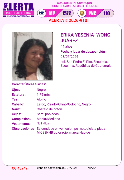 isabel_claudina's tweet photo. #AlertaIsabelClaudina
🚨 Ayúdenos a encontrar a

Erika Yesenia Wong Juárez
Desapareció el  08 de julio de 2026
Cualquier información comunicarse al teléfono 📞 1572
Gracias por difundir esta información❗ https://t.co/3E4bFCsi9z