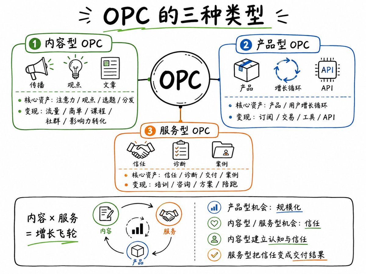 jiamu_future's tweet photo. 聊聊 AI 变现思路，前段时间去参加了 OPC 峰会，在观猹的论坛里面听到了一些非常有意思的概念。关于 OPC，我们其实可以进行一个细分，主要分为以下三类：

1. 内容型 OPC：
   • 核心资产：注意力、观点、选题和分发
   • 变现逻辑：流量、商单、课程、社群，以及影响力的一些转化

2. 产品型 OPC：
   • 核心资产：产品本身以及用户增长的循环
   • 变现逻辑：主要靠订阅、交易、工具或者是 API

3. 服务型 OPC：
   • 核心资产：信任、诊断、交付和案例
   • 变现逻辑：包括培训、咨询、方案和陪跑

看到很多朋友或者 OPC 都是这三者里面，或有跨度。比如，它既可能是内容型的，也可能是服务型的，通过自媒体和企业服务的双向循环，形成一个增长的飞轮。

产品型 OPC 的机会是规模化，内容型和服务型 OPC 的机会是信任。

AI 让产品冷启动变容易，也让产品同质化更严重。这个时候，用户为什么信你、客户为什么愿意跟你试，其实更重要。

内容型 OPC 负责建立认知和信任，服务型 OPC 负责把信任变成交付结果。

其实不管哪个类型，#AI变现 信任是「基石」
