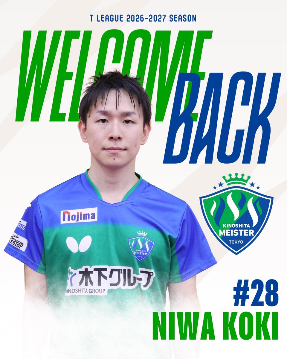 Meister_Tokyo's tweet photo. ＼登録選手情報／
2026-2027シーズン登録選手として
#丹羽孝希 選手と契約しました🙌

丹羽選手は2019-2020シーズンに #木下マイスター東京 に所属し、優勝を経験✨
7年ぶりにチームに戻ってきました！
オリンピックメダリストのベテランが優勝請負人になってくれるはず👍
応援よろしくお願いします🙇‍♂️ https://t.co/fTCwEpKwnr