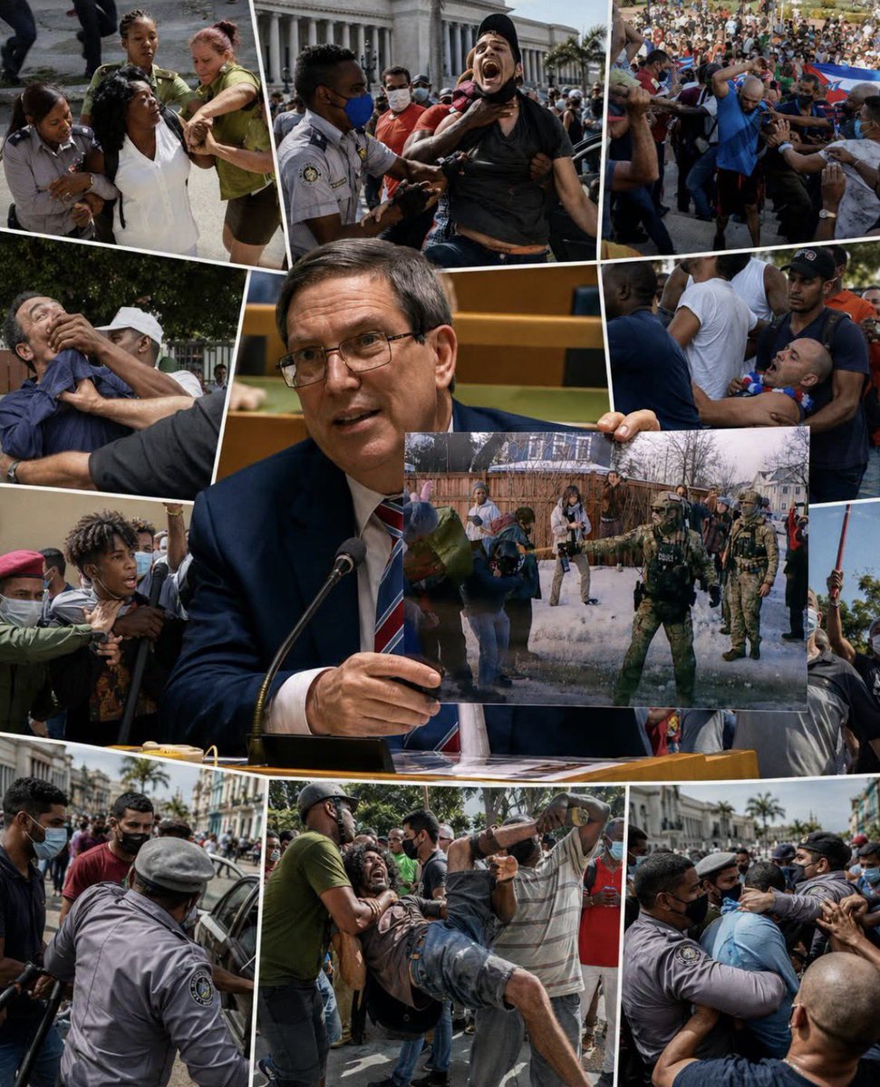 Echudina147575's tweet photo. Bruno Rodríguez en la ONU: "No encontrará usted en Cuba una imagen similar a esta de violenta represión contra manifestantes"

El canciller de la dictadura cubana, Bruno Rodríguez, respondió en la ONU al representante de Estados Unidos, Mike Waltz, quien había mostrado fotos de varios presos políticos cubanos encarcelados por pedir libertad.

En lugar de hablar de los cientos de presos políticos que hay en Cuba, Bruno intentó virar el debate hacia Estados Unidos mostrando imágenes de redadas de ICE.

Y entonces soltó una frase difícil de creer:

“No encontrará usted en Cuba una imagen similar a esta de violenta represión contra manifestantes”.

Según Bruno, no existen imágenes de represión en Cuba. Entonces las miles de fotos y videos de golpizas, arrestos violentos, actos de repudio, patrullas, boinas negras, agentes vestidos de civil y manifestantes arrastrados por pedir libertad deben ser de ciencia ficción.

Desde los primeros años del castrismo hasta el Maleconazo, las marchas de las Damas de Blanco, las manifestaciones de la comunidad LGTB, el 11J y las protestas más recientes, la represión en Cuba ha sido el pan nuestro de cada día.

Bruno quiso negar ante la ONU lo que el régimen no ha podido borrar de las calles ni de internet: en Cuba se reprime, se encarcela y se castiga a quienes protestan contra el poder.

El vídeo está en los comentarios.

uid:74