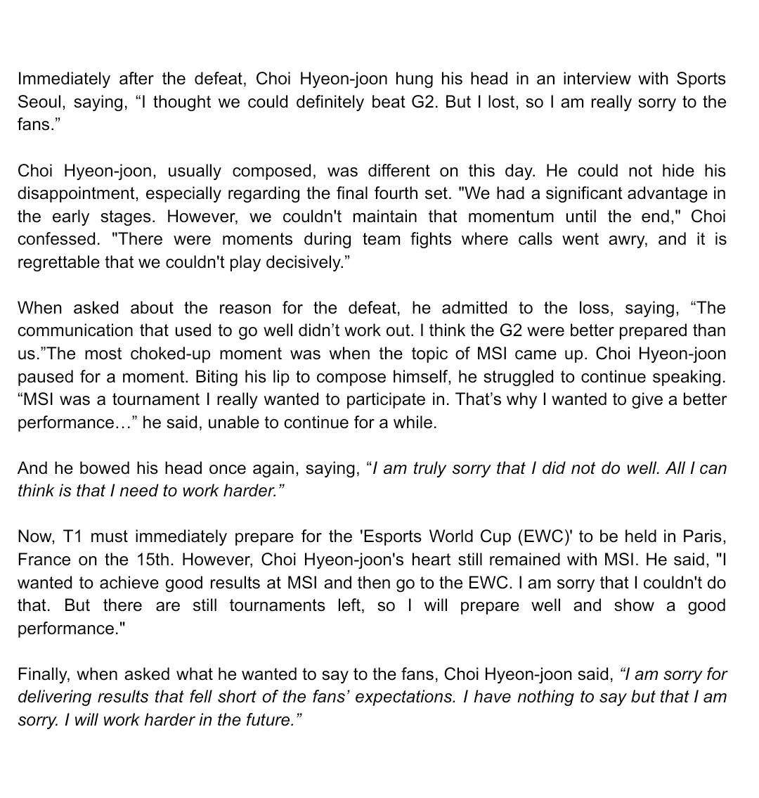 koalahyunnie's tweet photo. The Weight of Silence: Inside Doran’s Heartbreaking Apology 

The silence lasted longer than words. After lowering his gaze for a moment to catch his breath, "Doran" Choi Hyeon-joon (26) spoke only one single statement first. "I am sorry to the fans. I am truly sorry." https://t.co/mhJbYTWmvk