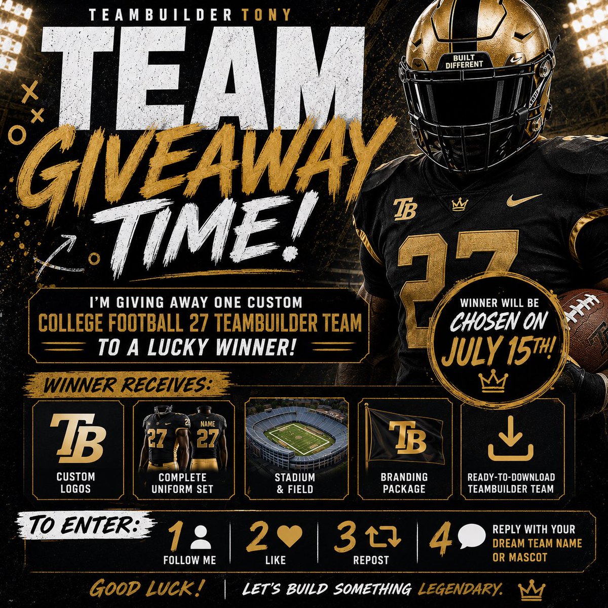 Teambuildertony's tweet photo. I’m giving away ONE custom College Football 27 TeamBuilder team to a lucky winner! 🏆 

Follow! Like, Repost, &amp; Comment Your Team &amp; mascot! 🔥 

#Cfbplaydont https://t.co/kkugvWpAEg