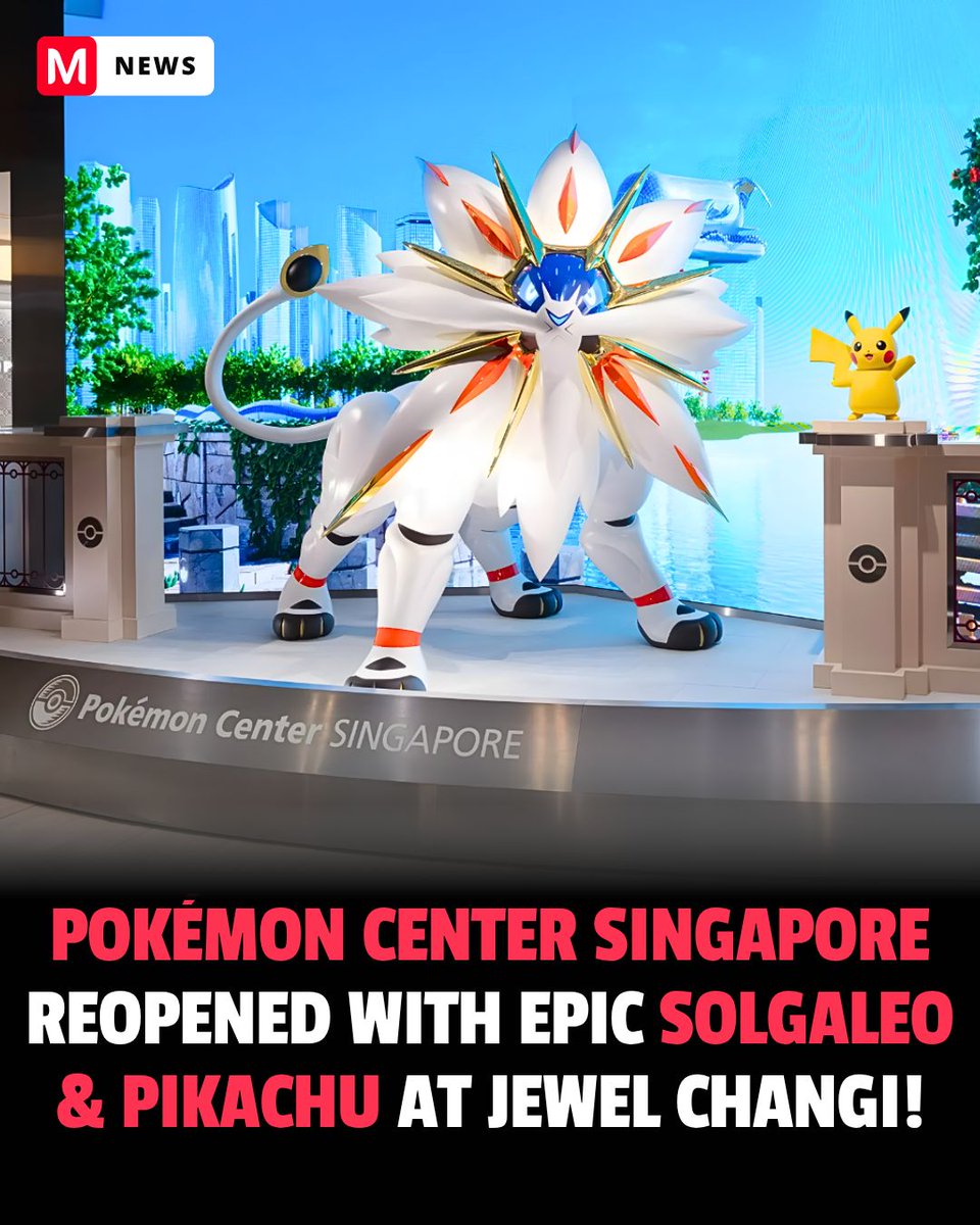 mecchaJP's tweet photo. Pokémon Center Singapore has reopened at Jewel Changi Airport! 🦁✨

A majestic Solgaleo statue and Pikachu proudly welcome visitors at the entrance.
The renovated store features a beautiful design inspired by Singapore and lots of Pokémon to discover.

Would you stop by if you were at Changi Airport? 

#Pokemon #PokemonCenter #PokemonCenterSingapore #JewelChangiAirport