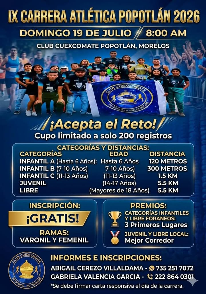 MorelosRoute's tweet photo. Están todos invitados a la ️
IX CARRERA ATLÉTICA POPOTLÁN 2026📷📷
ya quedan pocos lugares #morelos https://t.co/Oix6Tgde7C