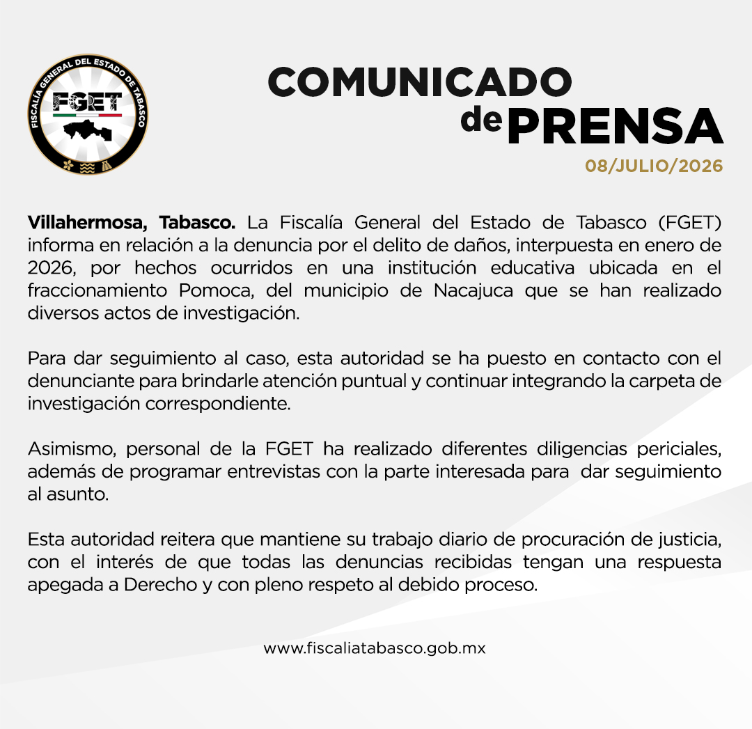 FGETabasco's tweet photo. ⚪Comunicado. La #FGETabasco informa en relación a la denuncia por el delito de daños, interpuesta en enero de 2026, por hechos ocurridos en una institución educativa ubicada en #Nacajuca.

https://t.co/Vx7IrpxSaA https://t.co/a1c34MrCez