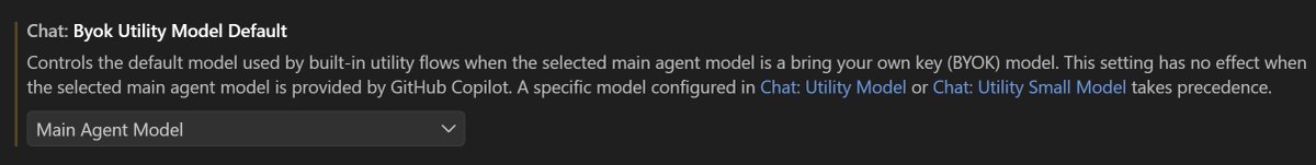 _yama_yu_'s tweet photo. `chat.byokUtilityModelDefault` を `Main Agent Model` に設定することで動くようになった https://t.co/X6rEmURNpY