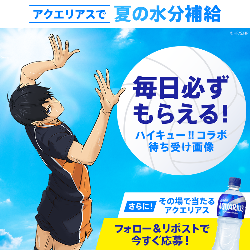 AQUARIUS_SPORTS's tweet photo. ／
アクエリアスで夏の水分補給☀
ハイキュー!!コラボキャンペーン🏐
＼

影山 飛雄選手など、
ハイキュー!!キャラクターの待ち受け画像が必ずもらえる＆ドリンクチケットの当落がその場で届く！
毎日参加で製品セットが当たる🎁

①フォロー
②この投稿をリポスト