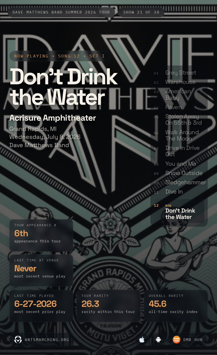 dmblive's tweet photo. Don't Drink the Water · Acrisure Amphitheater · Jul 8, 2026 https://t.co/01tMfPQkST