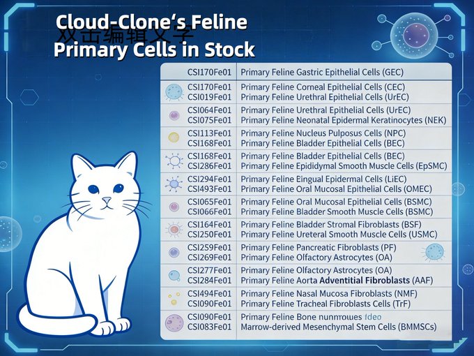 Cloud_CloneCorp's tweet photo. ✨Cloud-Clone Feline Primary Cells Recommendation
👉Beyond easy-to-use mouse/rat models, cats serve as irreplaceable natural models for various diseases, share high similarities in muscle physiology with humans, and meet the surging demand for pet muscle disease research. https://t.co/lKFIlOxSUs