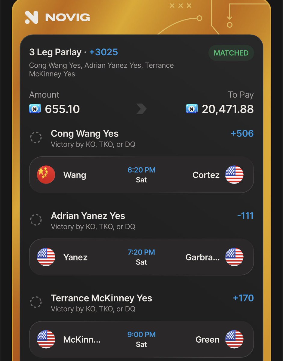 MattyBetss's tweet photo. Turn $655 into over $20,000 👀 

1. Cong Wang by KO/TKO
2. Adrian Yanez by KO/TKO 
3. Terrance McKinney by KO/TKO 

#UFC329 https://t.co/Dpgjp1Zqap
