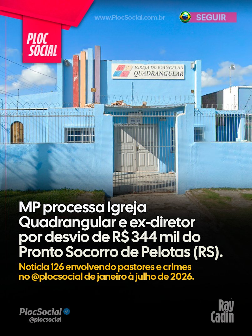 plocsocial's tweet photo. 🚨 PASTORES ROUBARAM DINHEIRO DE HOSPITAL PÚBLICO?
Verba pública da saúde teria sido usada em igreja? O Ministério Público do Rio Grande do Sul processou a Igreja do Evangelho Quadrangular e um ex-diretor do Pronto Socorro de Pelotas por supostos desvios de R$ 344,7 mil destinados à saúde.

Segundo a ação, os recursos teriam financiado reformas, móveis planejados e esquadrias em um templo religioso, além de beneficiar particulares. O caso integra a Operação Contágio, que investiga possíveis irregularidades e já apontou mais de R$ 1,4 milhão em suspeitas de desvios.

O MPRS pede o ressarcimento integral dos valores e a aplicação das sanções previstas em lei. Os investigados terão oportunidade de apresentar sua defesa no processo. 

Notícia 126 envolvendo pastores evangélicos e crimes de janeiro a julho de 2026 no @plocsocial

Siga @PlocSocial.