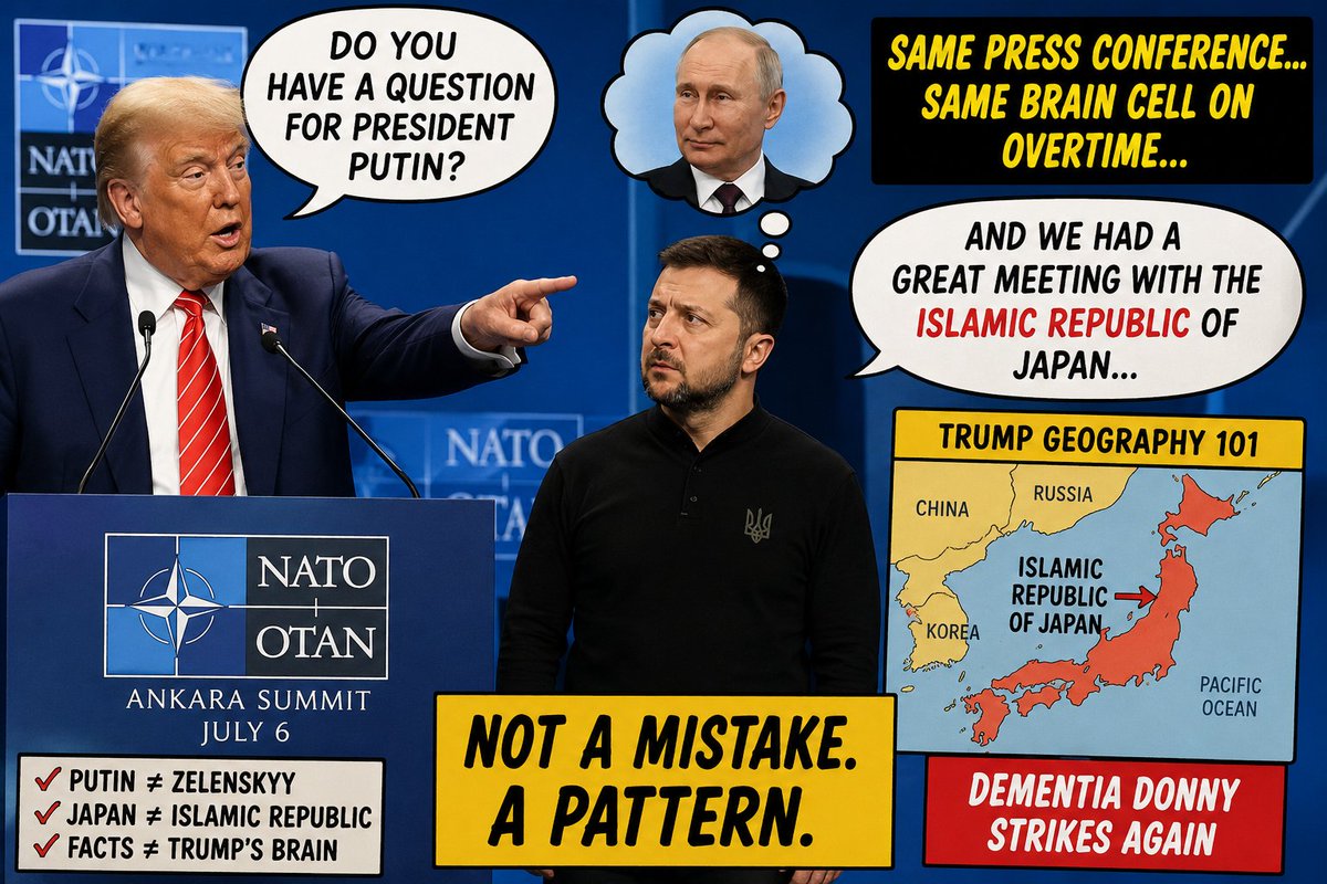 VaeTyrannis's tweet photo. #WhoAmI #WhereAmI #WhyIsMyDiaperFull #DIPSHITDementedPresident #25thNow #TrumpIsDemented @realDonaldTrump @WhiteHouse
He called Zelenskyy “President Putin” while standing beside him.
Then, tae prove the brain cart had fully lost a wheel, he wandered into the “Islamic Republic of Japan.”
Aye. Japan. Famous for sushi, bullet trains, and apparently ayatollahs, according tae the orange atlas-burner.
This isnae “strength.” This is a man trying tae conduct foreign policy wi’ a map drawn on a wet napkin by a drunk raccoon.
And the MAGA goblins will still call it genius because the alternative is admitting they handed the nuclear codes tae a confused golf cart wi’ bronzer.
Haud yer wheesht, ye flag-humping wallopers.
The Bastard
Ca'in' shite, shite.