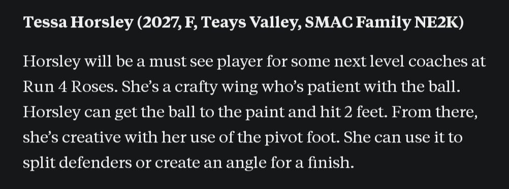 SMACFamily_GBB's tweet photo. Definitely want to checkout @TessaHorsley23 at @TFNsRun4Roses 🌹 

Do it all G/F - Extremely versatile - Plays hard with great basketball IQ

#SMACFamily https://t.co/V6IQvfHOI1