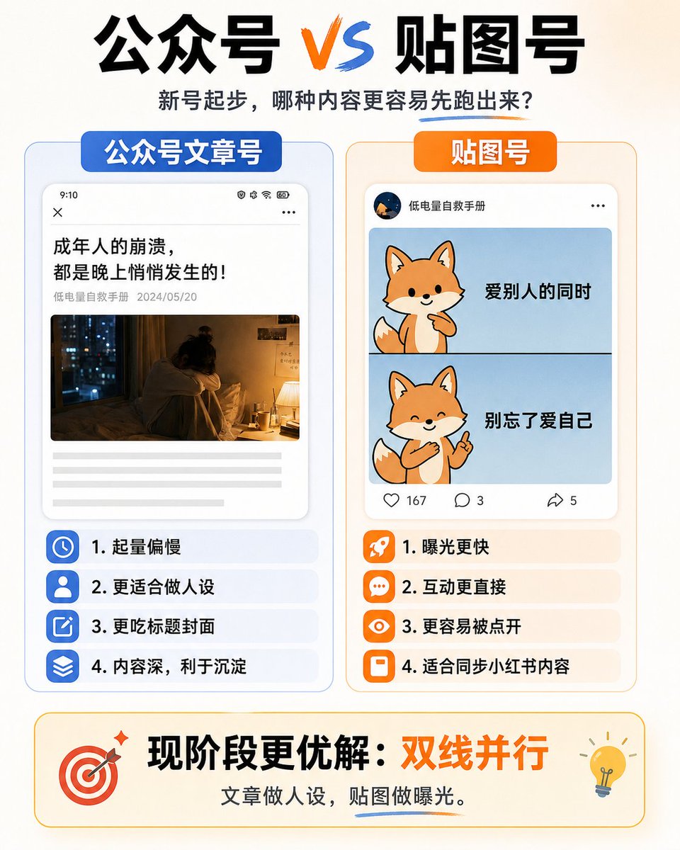 KeKeYa88's tweet photo. 公众号起号第2天，我发现一个很真实的现象：

我认真写的治愈长文，阅读很低；

但同步发的贴图内容，反而有曝光、有互动。

这说明公众号新号起步，不能只靠主观判断。

你以为用户想看长文，

但数据可能告诉你：

他们先被一张图、一句话、一个情绪瞬间吸引。

所以我决定调整策略：

后面公众号会两条线一起跑：

一条线发治愈长文，做账号深度和人设；
一条线发治愈贴图，同步小红书内容，做曝光和互动。

先不急着否定长文，也不盲目迷信贴图。

新号阶段最重要的是测试：

测试标题，测试封面，测试内容形式，

测试平台到底愿意推什么。

从0到1，没有标准答案。

数据就是答案。

第二天，继续记录。