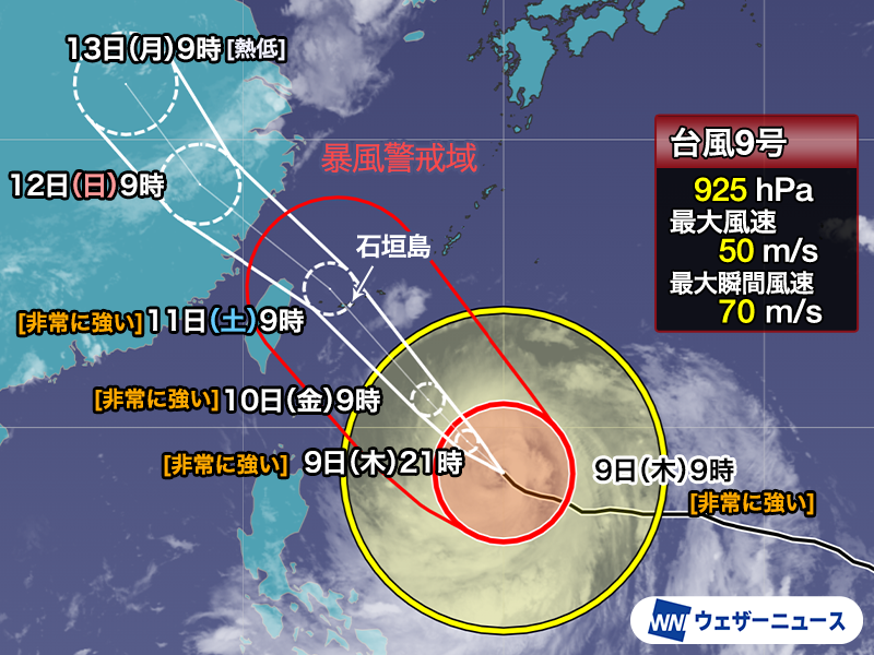 wni_jp's tweet photo. 【最新の台風情報】
7月9日(木)9時現在、大型で非常に強い勢力の台風9号(バービー)が南西諸島に向けて接近中。
明日10日(金)～11日(土)は先島諸島を中心に暴風雨による停電や建築物の破損など、生活インフラに甚大な被害が出るおそれがあります。今日中に対策や避難の検討を
https://t.co/yApRyPFYHI https://t.co/HXpofzDpQG