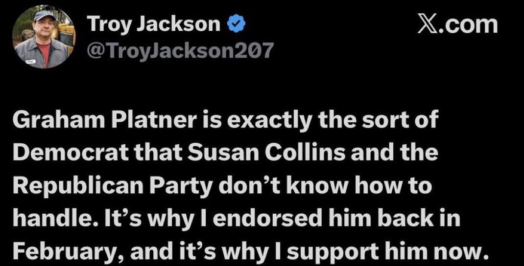 JustinUSA's tweet photo. @TroyJackson207 You will never get the Platner stench out of your campaign. https://t.co/SXuYvlJCul