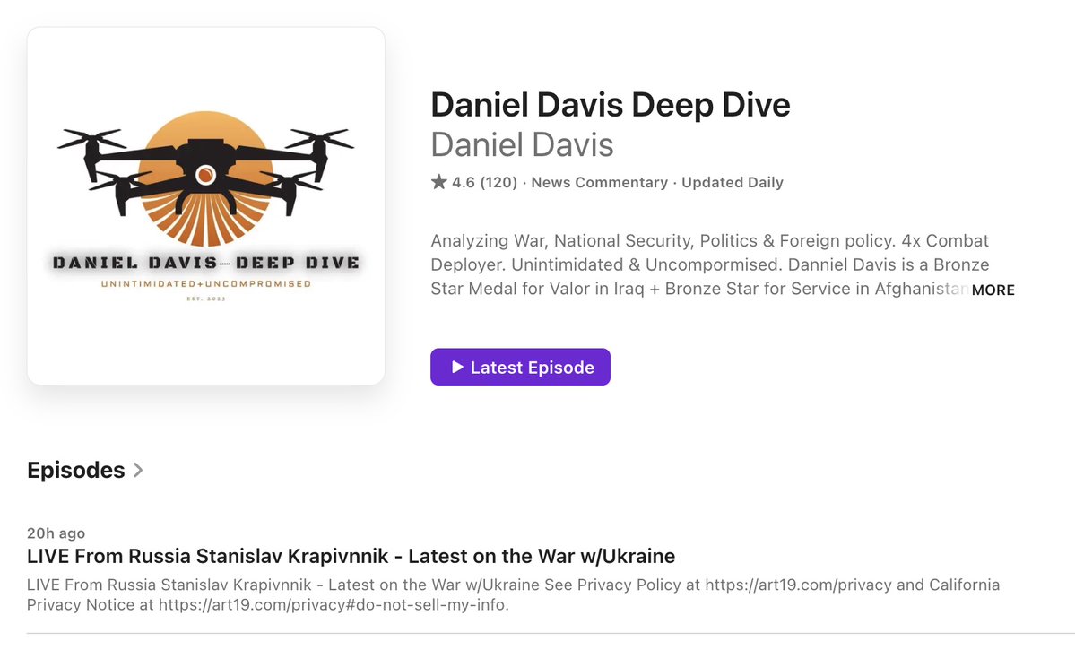 lylegoldstein's tweet photo. For those following the Russia-Ukraine War closely, this is a must listen episode. Well done my friend @DanielLDavis1!  It's eye-opening in many respects -- not least because it's a conversation among two combat veterans who thoroughly understand modern warfare. 

As a (mostly) China specialist, I'll also note that at about 23 min in, there is a fascinating dialouge concerning how China is innovating in military tech and how Russia is eager to take advantage of those innovations. I would urge all of you interested in military affairs to listen regularly to this fine series of interviews by my @defpriorities colleague LTC Daniel Davis (USA-ret), as I do.