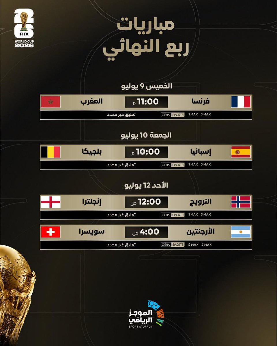 A7_H24's tweet photo. 🏆 مسابقة توقعات كأس العالم 2026 🏆
🎯 دور الـ8

💰 الجائزة: 2000 ريال
❤️ بدعم من عزيز قوم ⚽️

📋 شروط المشاركة:
• توقع جميع مباريات دور الـ8 الموجودة في الصورة.
• يجب أن تكون جميع التوقعات في تغريدة واحدة فقط.
• يحق لكل شخص مشاركة واحدة فقط.
• يُمنع تعديل أو حذف التغريدة بعد نشرها.
• يُمنع تكرار التوقعات، وفي حال تكررت يُعتمد أول شخص نشر التوقع.
• في حال تساوى المشاركون في عدد التوقعات الصحيحة، سيتم إجراء روليت لتحديد الفائز.
• أي توقع ناقص أو موزع على أكثر من تغريدة لن يُحتسب.

📢 تنويه مهم:

🎁 مباريات البونص (3 مباريات فقط):
يجب كتابة النتيجة الدقيقة لهذه المباريات للحصول على نقاط البونص:

🇲🇦 المغرب: 7 نقاط عند توقع النتيجة الصحيحة بالكامل.
🇪🇸 إسبانيا: 3 نقاط عند توقع النتيجة الصحيحة بالكامل.
🇳🇴 النرويج: نقطتان عند توقع النتيجة الصحيحة بالكامل.

⚠️ مباراة الأرجنتين × سويسرا:
يكفي كتابة اسم المنتخب الفائز فقط، وتُحتسب بنقطة واحدة، ولا يلزم كتابة النتيجة.

❌ مثال خاطئ:
المغرب

✅ مثال صحيح لمباريات البونص:
المغرب 3 × 2 فرنسا = المغرب

✅ مثال صحيح لمباراة الارجنتين :
الأرجنتين × سويسرا = الأرجنتين

⏳ آخر موعد لاستقبال التوقعات:
الخميس الساعة 10:00 مساءً.

🥇 الفائز هو صاحب أكبر عدد من التوقعات الصحيحة بعد نهاية مباريات دور الـ8.

بالتوفيق للجميع 🌍⚽🔥

#كأس_العالم_2026
#مسابقة_توقعات