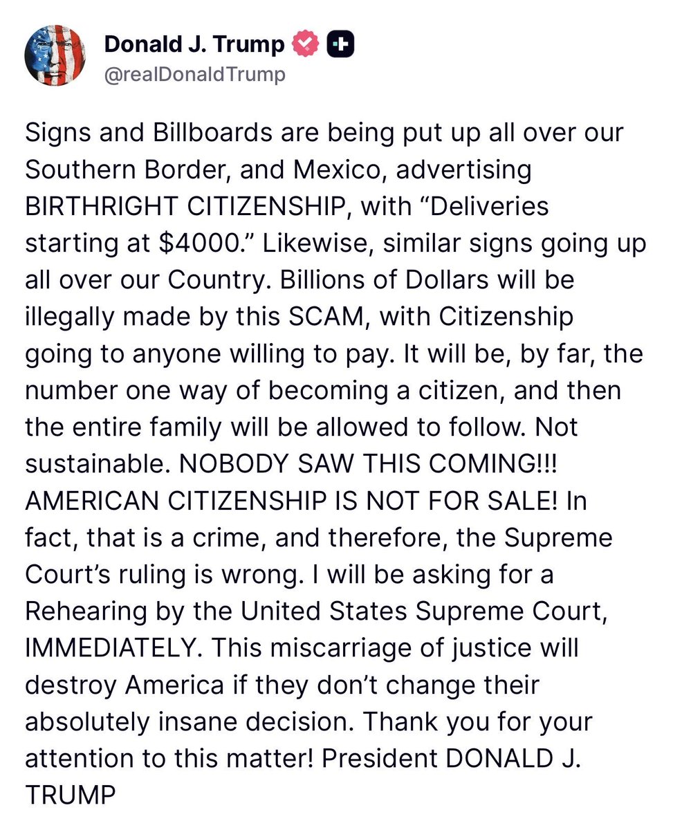 thefunpartylady's tweet photo. THIS IS HUGE 🔥 President Trump announced he will be asking the Supreme Court of a rehearing for the Birthright Citizenship SCAM

The Supreme Court needs to do the right thing

AMERICA IS CLOSED https://t.co/uxV2ajghRW