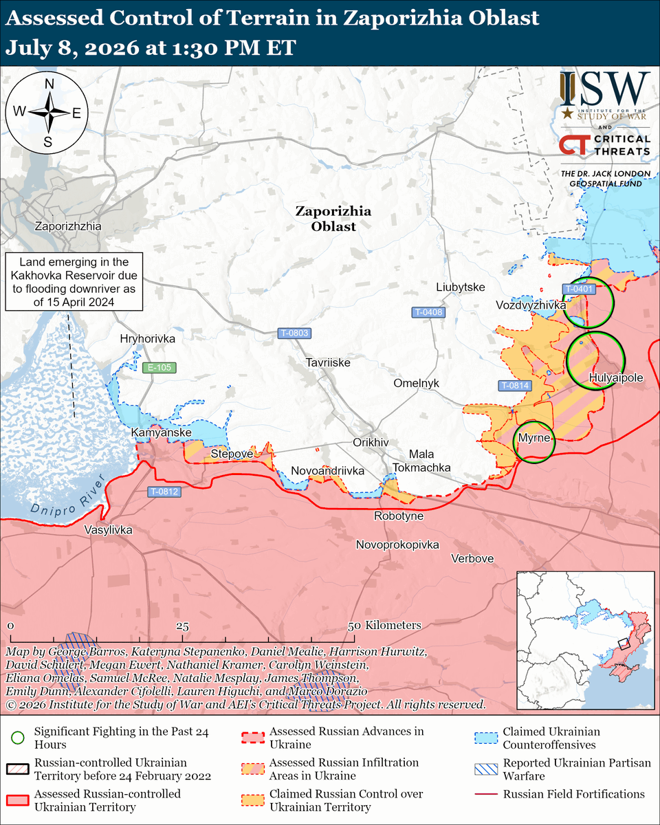 TheStudyofWar's tweet photo. NEW: US President Donald Trump stated that the United States will grant Ukraine a license to produce an unspecified type of interceptor missile for Patriot air defense systems, which are critical for Ukraine’s ability to defend against Russian ballistic missiles.

Other Key Takeaways:

Ukrainian forces are intensifying strikes against Russian fuel tankers as Russia increasingly relies on seaborne transportation of gasoline to occupied Crimea from Russia.

Ukrainian forces continued their long-range strike campaign against Russian oil infrastructure and military assets deep into Russia on July 7 and 8.

Ukrainian forces conducted a second phase of Operation Auchan in June 2026 aimed at disrupting Russian offensive capabilities, specifically targeting Russian artillery.

Ukraine’s Western partners continue to provide military aid to Ukraine, including through the purchase of US-produced weapons and joint drone production.

Ukrainian forces recently advanced in western Zaporizhia Oblast, and Russian forces recently advanced north of Kharkiv City.  

Russian forces launched two Kh-31P anti-radar missiles, five Iskander-M and S-400 ballistic missiles, and 169 drones against Ukraine overnight.