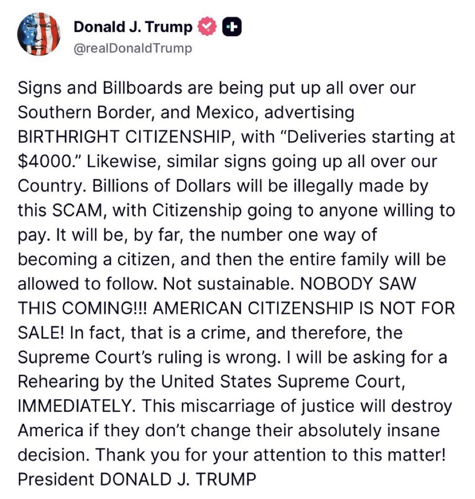 GigaBeers's tweet photo. SCOTUS: Rehear this NOW. 

You handed cartels and scam hospitals a $4,000 citizenship price tag — and called it justice. 

Fix your mistake before more Americans pay for your unconscionable Birthright ruling. https://t.co/q9AEbZt1Au