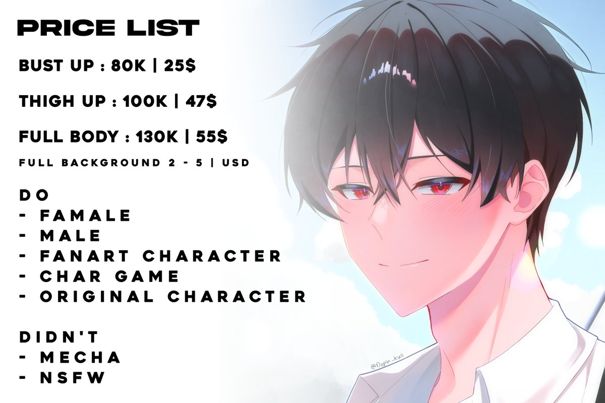 Depinepin's tweet photo. OPEN COMMISSION

Bust Up - 80k | 25$
Thighs Up - 100k | 47$
Full body - 130k | 55$

INCLUDED
1 Figure Body Illustration
Simple background
File format PNG/JPG
Unlimited revisions (while in sketch phase)

Do
Famale
Male
FanartCharacter
Game
Original Character

Didn't
Mecha
NSFW https://t.co/LF1EYpLO3l