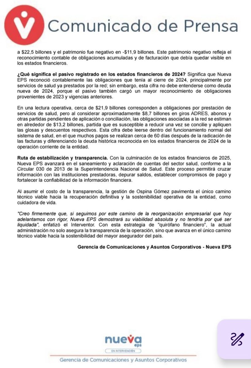 AForeroM's tweet photo. Al fin, por orden judicial, @JorgeIvanOspina presenta los estados financieros de Nueva EPS para 2023 y 2024.

Aunque hay que tomarlos con beneficio de inventario y falta 2025, Ospina desmiente a @GA_Jaramillo señalando que la plata no alcanza para cubrir el gasto en salud. https://t.co/PznHXLliOU