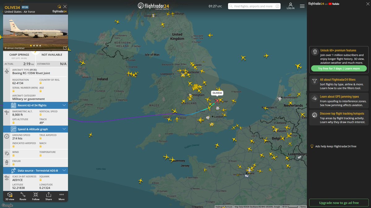 AIYeyENGDdJkjTr's tweet photo. July 9, 2026
#Offutt Air Force Base, Nebraska #Joint Base Andrews ==> #RAF Mildenhall
#OLIVE34 #AE01CE USAF RC-135W Rivet Joint https://t.co/AOTnbPT1QY