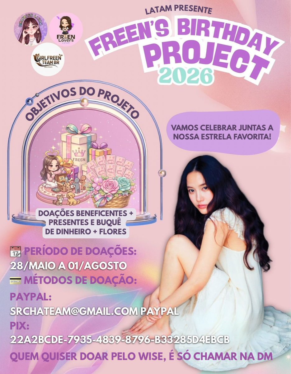 srchteam's tweet photo. Ao longo dos últimos anos, realizamos projetos cheios de carinho para a Freen. 💜

Mas, neste aniversário, queremos fazer algo ainda mais especial. Por isso, as fanbases da Freen na LATAM se uniram para apresentar o Freen’s Birthday Project 2026. 🎂🎉

Nossos objetivos este ano são:
🎁 Presentes especiais
💐 Buquê de dinheiro + flores
🤝 Doações beneficentes para apoiar a comunidade

📅 Período de doações: 28 de maio a 1º de agosto.

Você pode contribuir pelas contas oficiais:

💳 PayPal: srchateam@gmail.com
🇧🇷 PIX: 22a2bcde-7935-4839-8796-b33285d4ebcb

💸 Para doar pelo Wise, basta chamar nossa equipe na DM.

📩 Importante: após fazer sua doação, envie o comprovante por DM para que possamos registrar sua contribuição e agradecer oficialmente.

#srchafreen #FreenSarocha #FreenBirthdayProject2026 #GIRLFREEN
