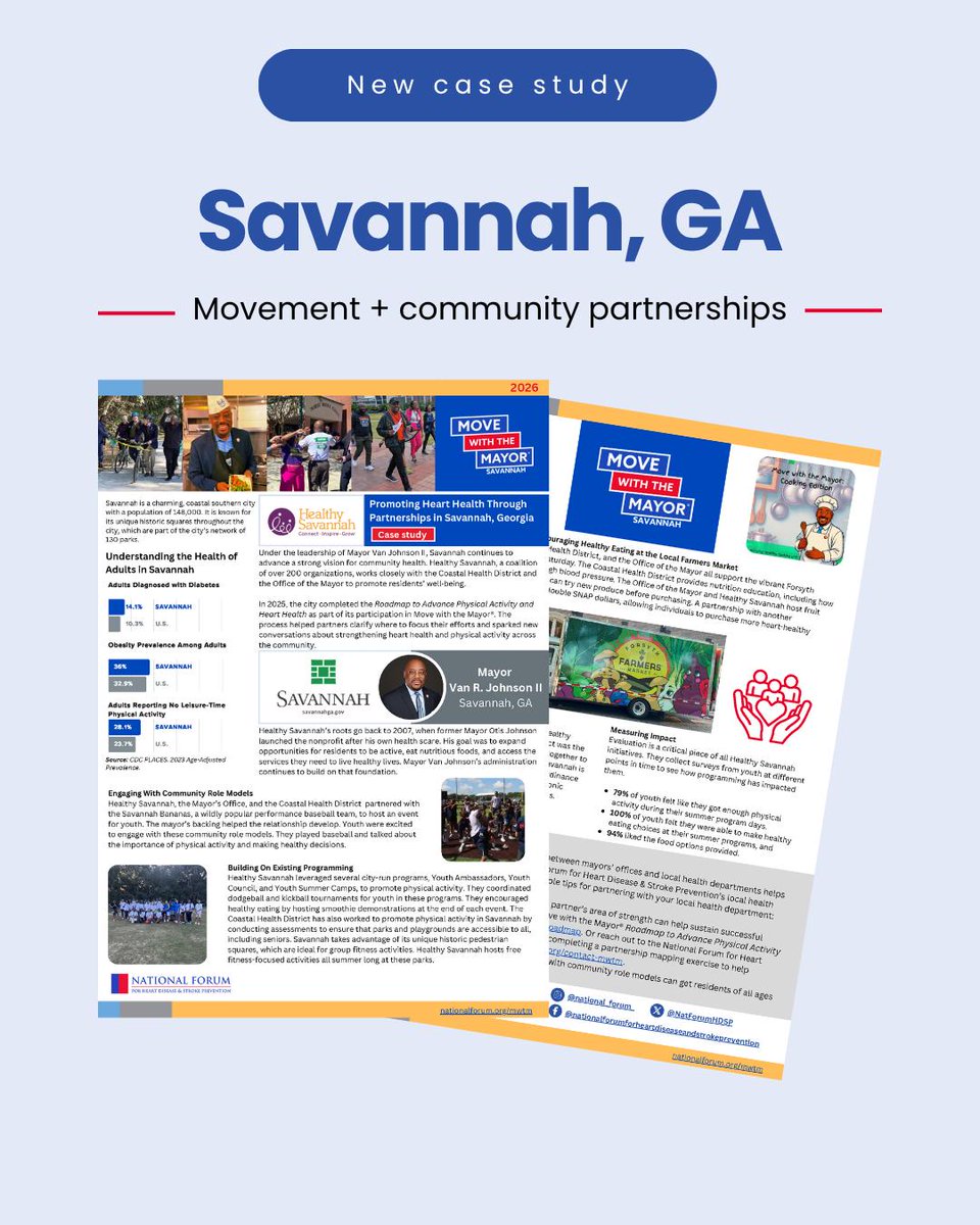 NatForumHDSP's tweet photo. Healthy communities are built through strong partnerships, shared spaces, and trusted local voices.

In Savannah, Georgia, Mayor Van R. Johnson II, Healthy Savannah, the Coastal Health District, and community partners are working together to make physical activity and heart health part of everyday life.

The city is building on youth programs, historic pedestrian squares, farmers market activities, free fitness opportunities, and partnerships with community role models like the Savannah Bananas to help residents stay active, connected, and engaged.

Read the case study to see how Savannah is turning partnerships into action: https://t.co/va2gRfkcwC

#MoveWithTheMayor
