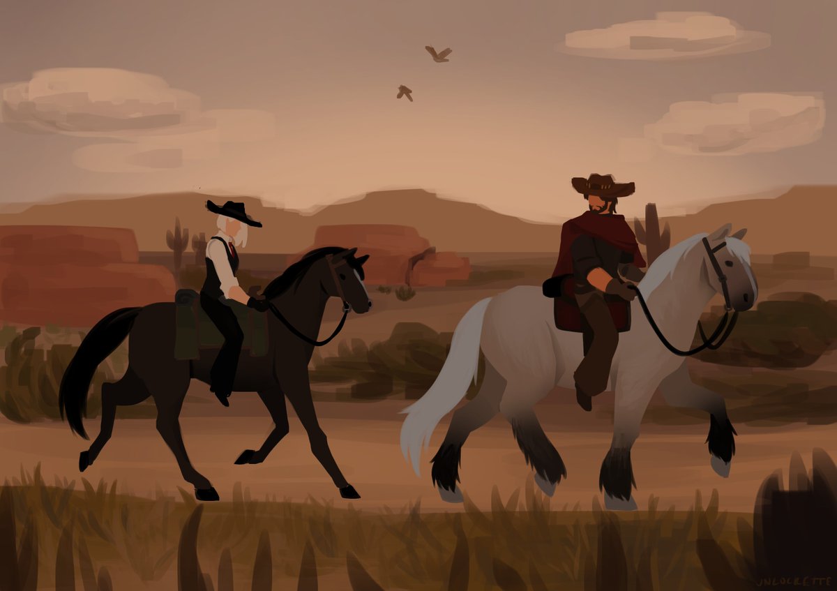 unlockette's tweet photo. day 38: (day 4) sagebrush
ive had an idea for a rdr2 au for these two back when i first got into rdr2, only reason i never drew it was cuz i cant draw horses...
 #casheweek2026 #cashe #overwatch https://t.co/AY4d8WXh4Q