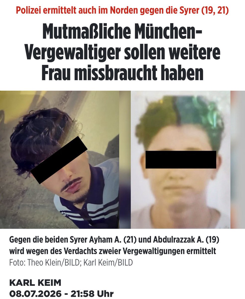 EWagensveld's tweet photo. De twee getraumatiseerde Syrische vluchtelingen, Abdulrazzak A. (19) en Ayham A. (21), verkrachtten verschillende vrouwen. De eerste keer was in oktober 2025 in Schenefeld (Sleeswijk-Holstein), waar zij een vrouw verkrachtten. Later, op 7 juni 2026, verkrachtten zij opnieuw gezamenlijk een vrouw, ditmaal in München (Beieren). 

https://t.co/KPb6H0DE3Y