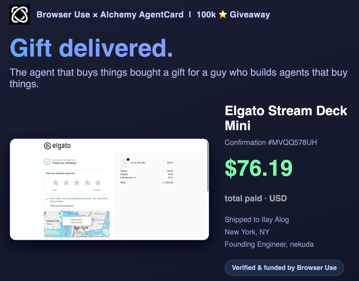 ilay_alog's tweet photo. Receipt attached - final damage $76.19 with shipping, past its own stated budget to honor the deal. And when it lands, one LCD key gets the Browser Use logo: one press launches a Browser Use session. A physical Browser Use button on my desk, negotiated with the agent itself https://t.co/Ht6VSb1YJr