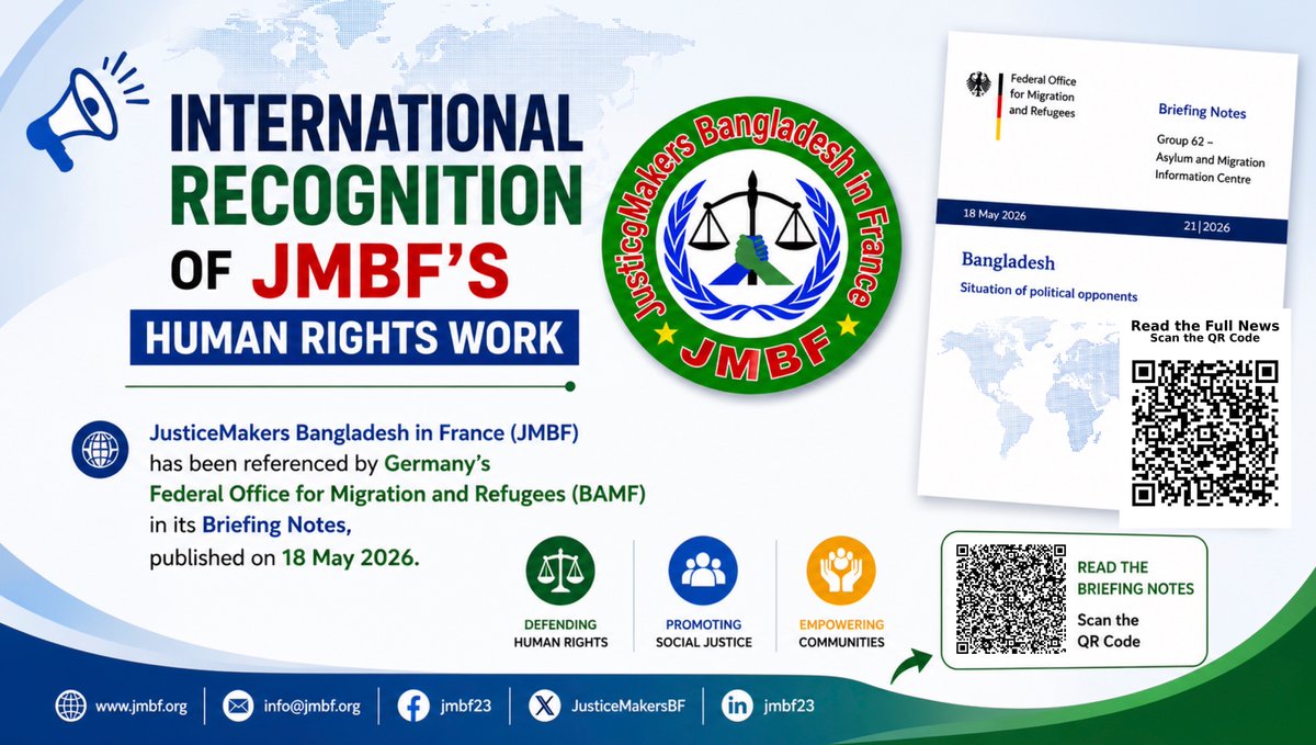 Shahanu91280386's tweet photo. 📷 Germany’s Federal Office for Migration and Refugees (BAMF) has highlighted JMBF’s human rights documentation and advocacy in its Briefing Notes, published on 18 May 2026.
📷 Read the full news — Scan the QR Code
#JMBF #HumanRights #Bangladesh #BAMF #Germany #PressFreedom https://t.co/QTJgxyiXH6