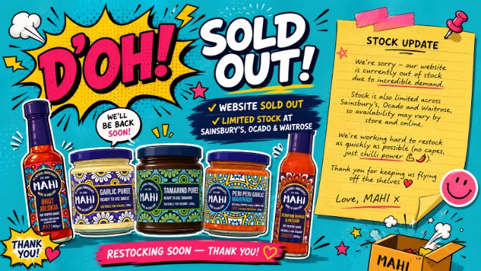 saucy_mahi's tweet photo. Website sold out 💛
Stock is also limited across Sainsbury’s, Ocado and Waitrose due to incredible demand.
We’re working hard to restock as quickly as possible - thank you for keeping MAHI flying off the shelves 🌶️✨
#SaucyMAHI #HotSauceUK #Marinade #BBQ #Foodie #StockUpdate https://t.co/g6qnZaT20o