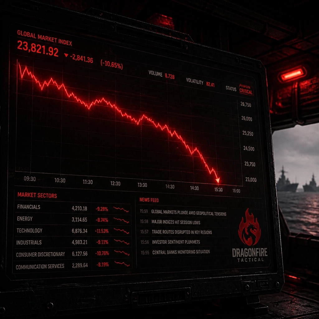 DragonFireTact's tweet photo. I watched the wires turn red today. The peace didn't hold. Markets are bleeding. Brent +6% ($80), Dow -800, SPR down 23%. With 85 US targets hit, $100 oil is coming. Blockade or war: what’s your move if the pumps stop tomorrow? Reply below. https://t.co/6hX5i1ANTf