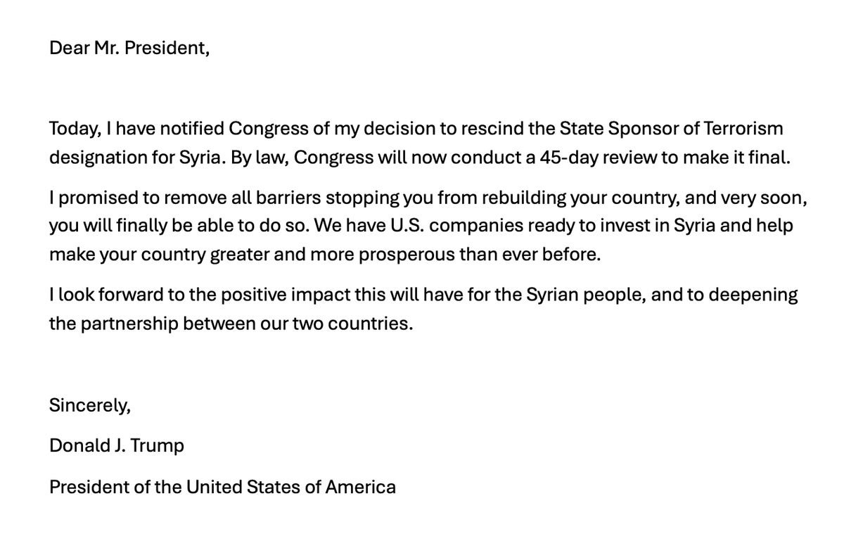 Charles_Lister's tweet photo. #Syria's President al-Sharaa (@AH_AlSharaa) &amp; Foreign Minister al-Shaybani (@AsaadHShaibani) holding a letter shared by President #Trump earlier today.

The SST will soon be gone, and in #Trump's words, American companies lie in wait to invest. https://t.co/OqQjdFxEWj