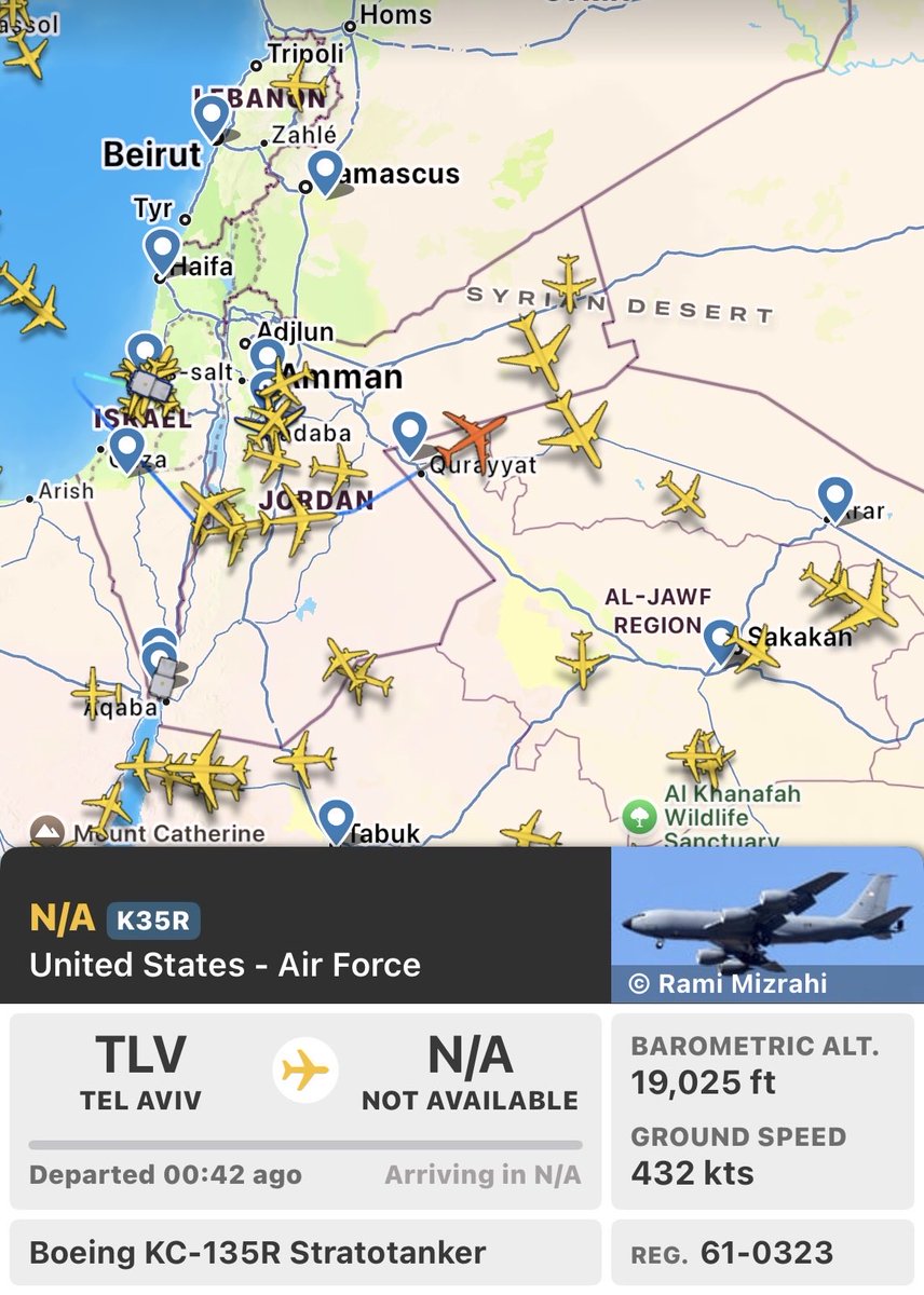 GrahamGaza74452's tweet photo. 4 US Stratotankers in the air leaving Tel Aviv, probably gives Iran 4hours give or take before things start going bang! #Iran https://t.co/o3NaAK4Zzk