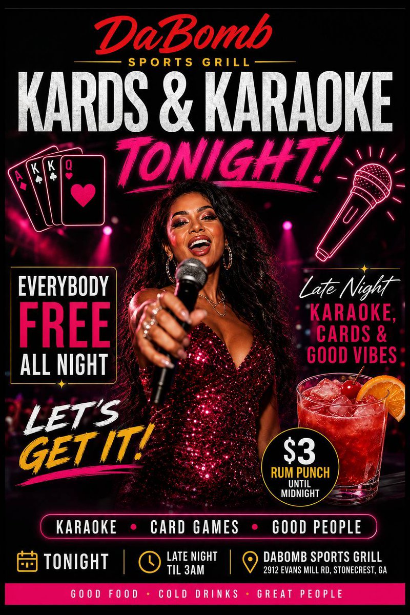 djcaesah's tweet photo. Kards &amp; Karaoke TONIGHT! FREE admission all night! 🃏🍹 $3 Rum Punch until Midnight. Grab the mic, play a hand, and party with us at DaBomb Sports Grill! #Stonecrest #Karaoke #ATLNightlife https://t.co/1vZUnEyrdh