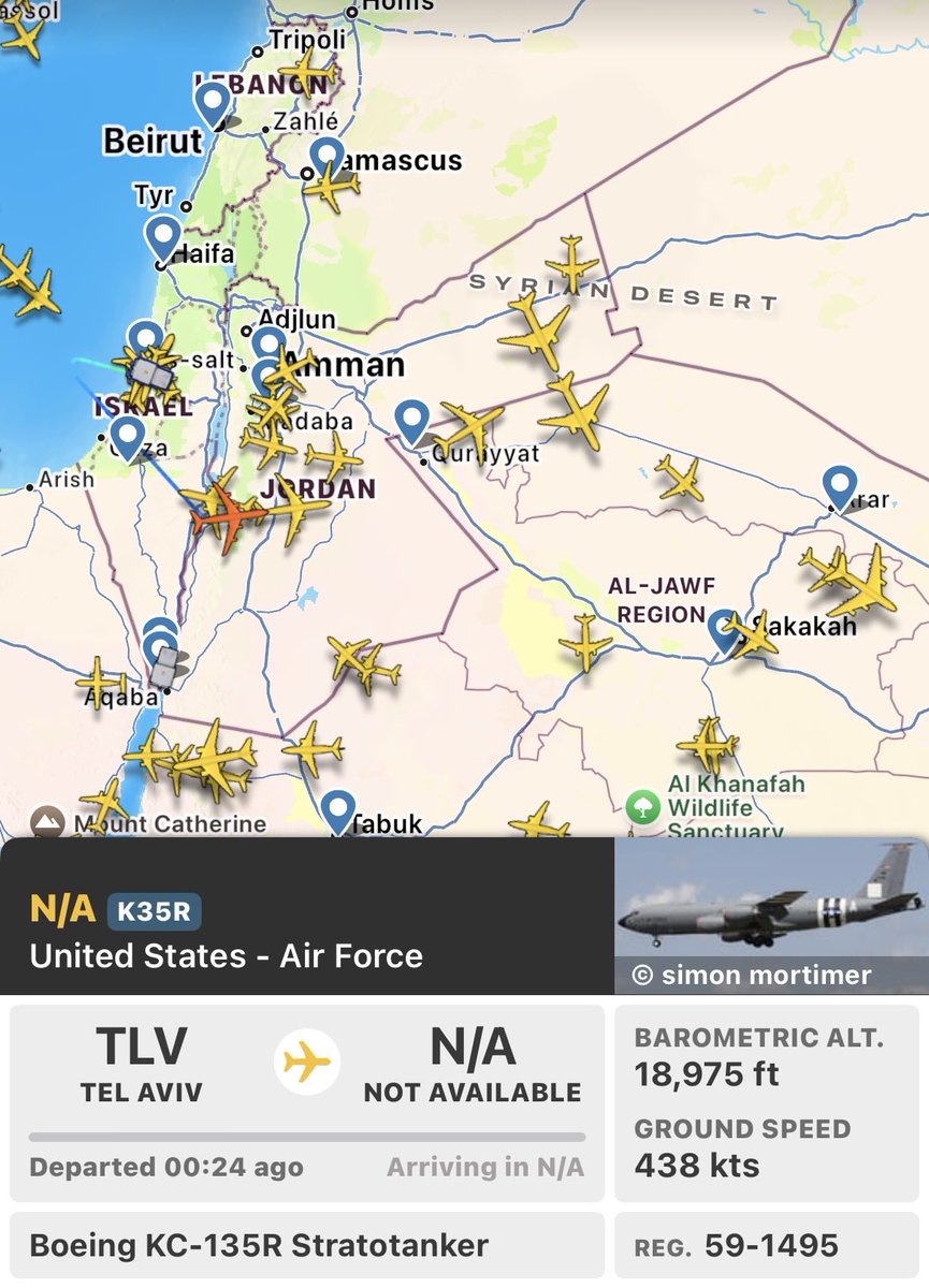 GrahamGaza74452's tweet photo. 4 US Stratotankers in the air leaving Tel Aviv, probably gives Iran 4hours give or take before things start going bang! #Iran https://t.co/o3NaAK4Zzk