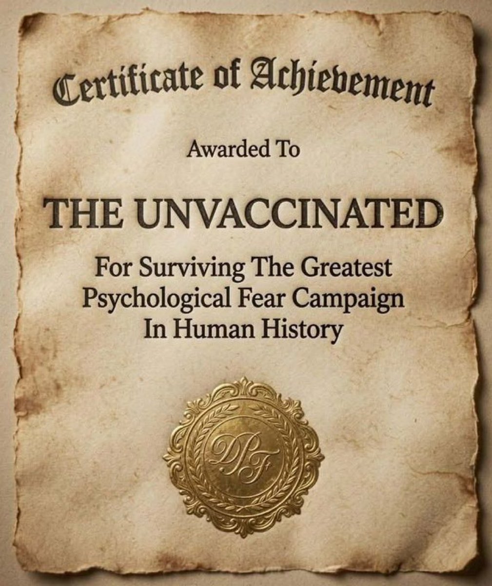 andrearthurciel's tweet photo. Votre certificat!

Pour avoir survécu à la plus grande campagne de peur et de manipulation psychologique de l’histoire moderne.

Jusqu’à maintenant.

* https://t.co/u7LLLtZ1LQ