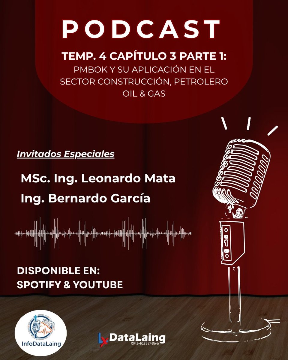 datalaing's tweet photo. 🎙️ InfoDataLaing T4: Cap. 3 Parte 1 aborda PMBOK y su aplicación en el sector Construcción, Petrolero Oil & Gas. Escúchelo en Spotify o YouTube y fortalezca su criterio de gerencia. #Podcast #DataLaing https://t.co/tCzTFeyVIr