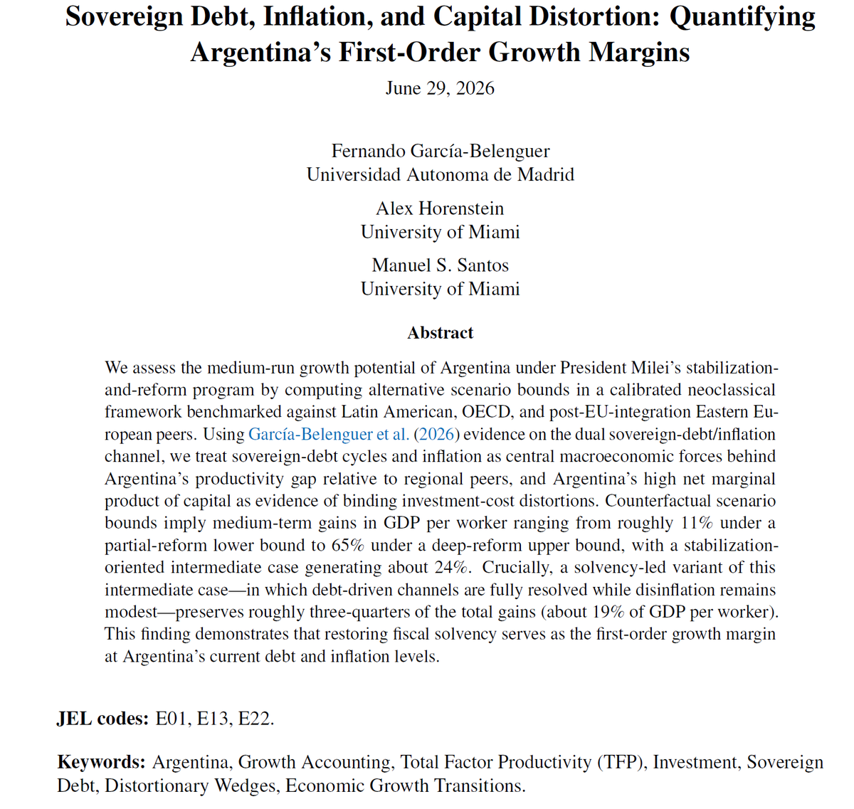 MagnusLenoroc's tweet photo. Súper recomendado este paper publicado recientemente:

F. García-Belenguer, Alex Horenstein y Manuel Santos evalúan el crecimiento potencial de Argentina bajo el plan de estabilización y reformas del Presidente Milei según distintos escenarios.

🧵Hilo con los puntos destacados: https://t.co/hcSpSB7Dr4